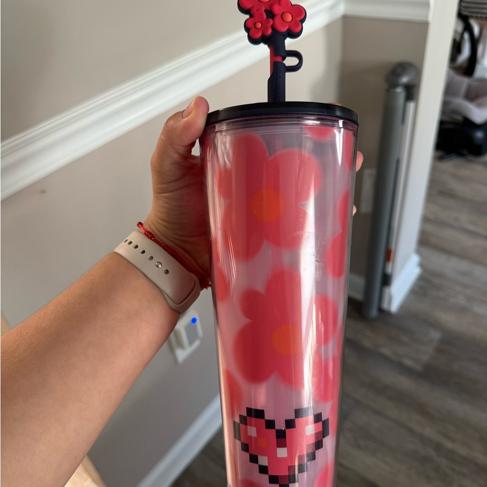 Starbucks Pink Floral Tumbler with Heart Design